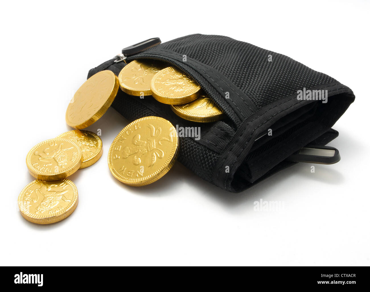 a black fabric wallet overflowing with chocolate coins in a golden CTXACR
