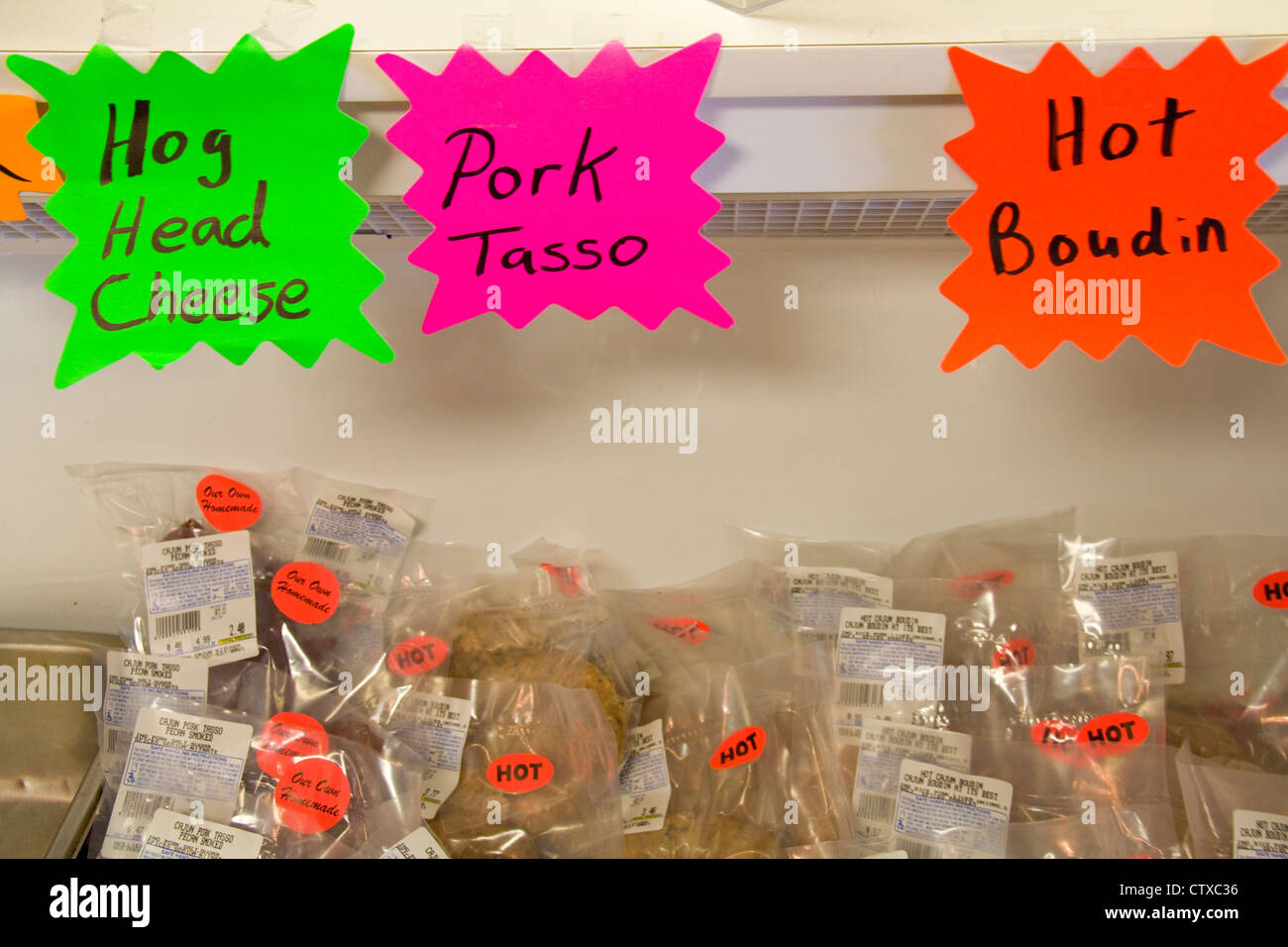 Cajun food specialties on display at a rural grocery store near Lake