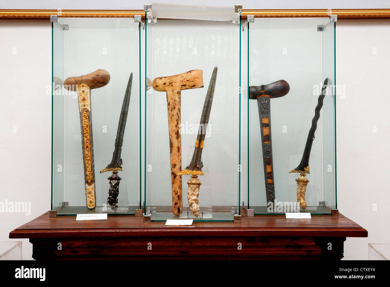 A collection of Keris, or Kris Daggers, at the Neka Art Museum, Ubud, Bali, Indonesia. Stock Photo
