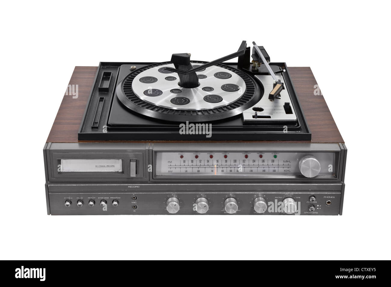 Vintage turntable stereo receiver isolated with clipping path. Stock Photo