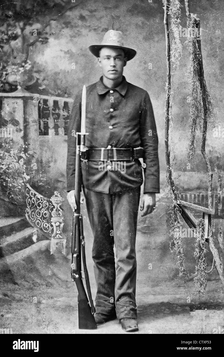 Spanish American War, Infantry, holding Krag rifle with fixed bayonet, cartridge belt Stock Photo