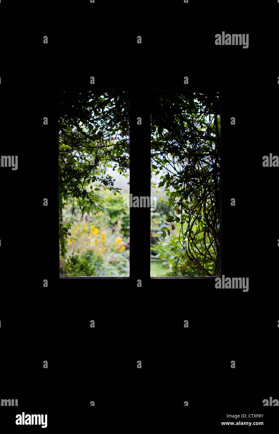 Overgrown garden view through Glass windows in a front door. Silhouette Stock Photo