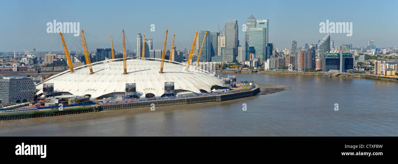 Aerial view of the o2 arena 02 millenium dome with River Thames and Canary Wharf skyline Stock Photo