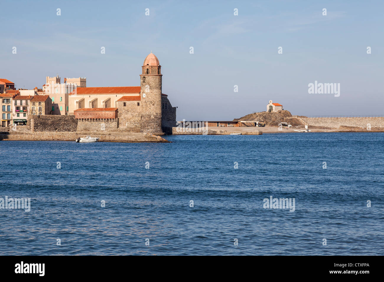 collioure,languedoc-roussillon,france.mediterranean with church and chapel. Stock Photo