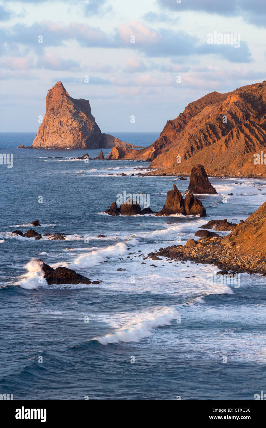 View over surfers beach towards Roques de Anaga at Benijo near Taganana in the Anaga rural park on Tenerife, Canary Islands Stock Photo