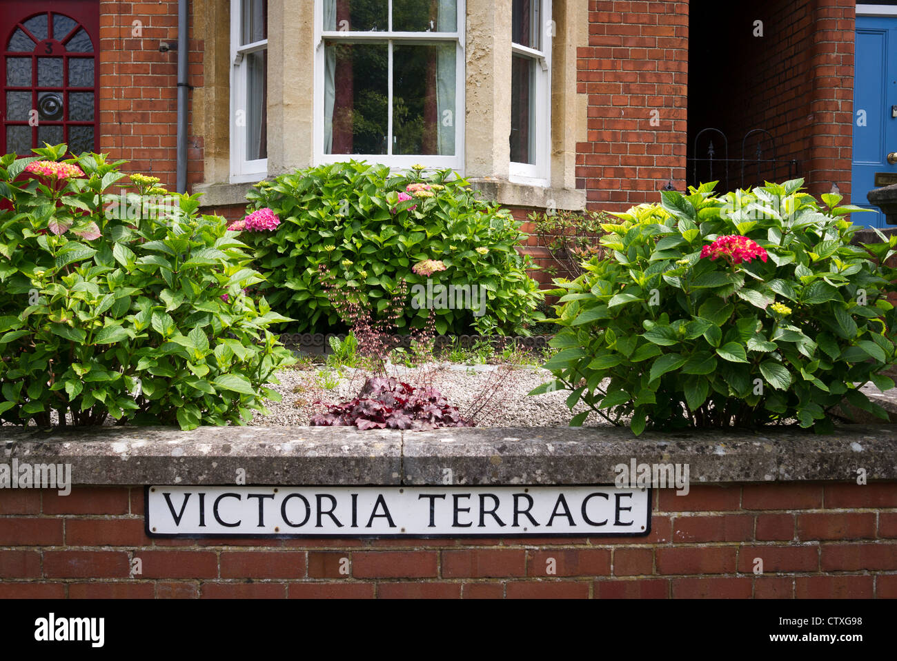 VICTORIA TERRACE and small front town garden with flowering perennials Stock Photo