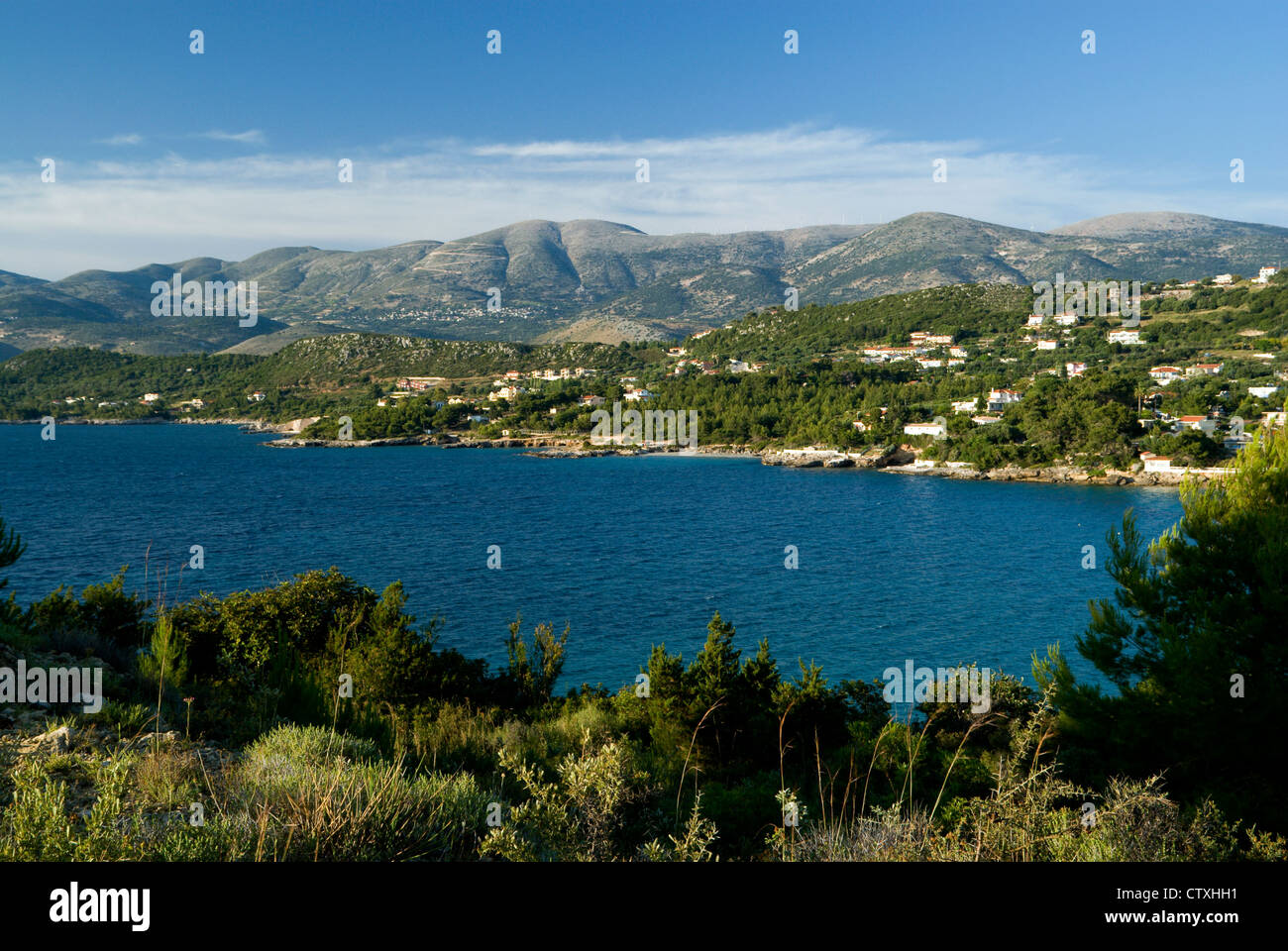View across Lassi towards the mountains, Argostoli, Kefalonia, Ionian Islands, Greece. Stock Photo