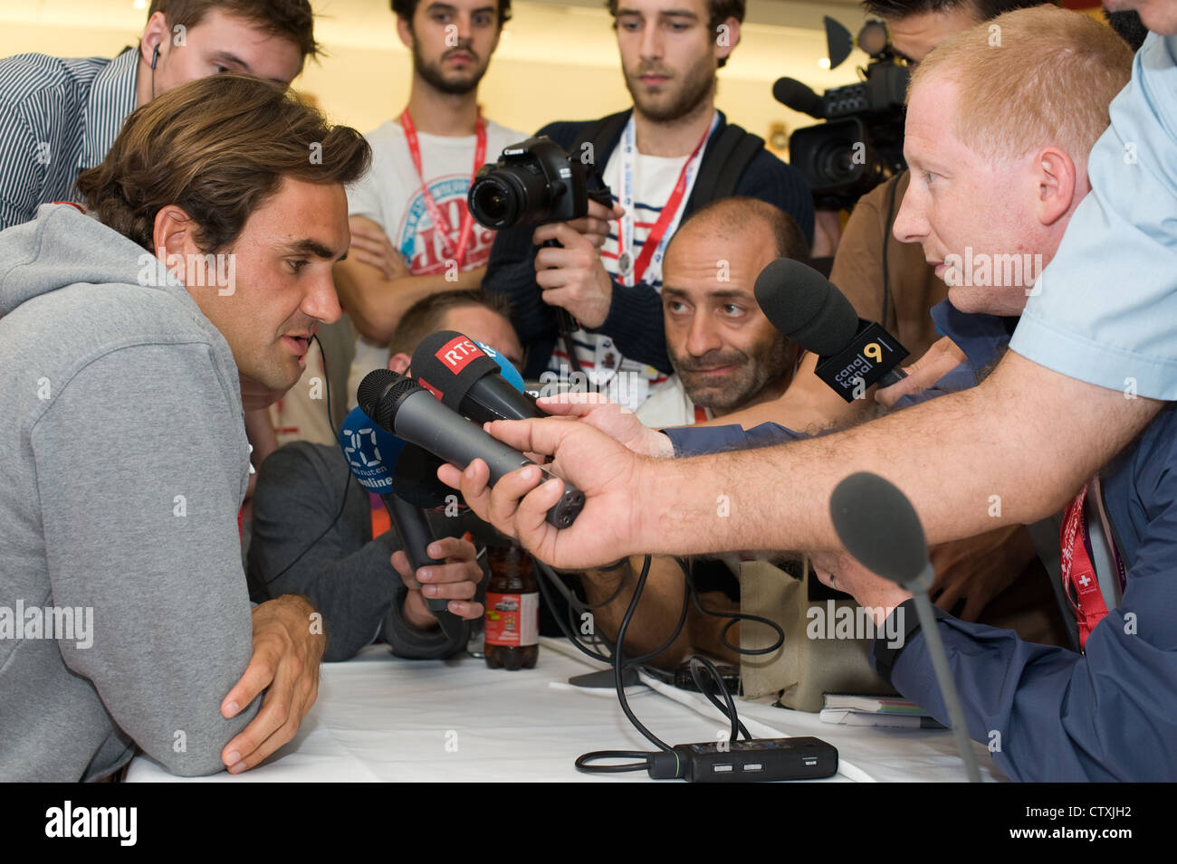 London, August 5, 2012. Tennis player Roger Federer gives a press conference at the Swiss Olympic headquarters Stock Photo