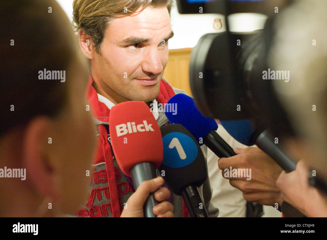 London, August 5, 2012. Tennis player Roger Federer gives a press conference at the Swiss Olympic headquarters Stock Photo