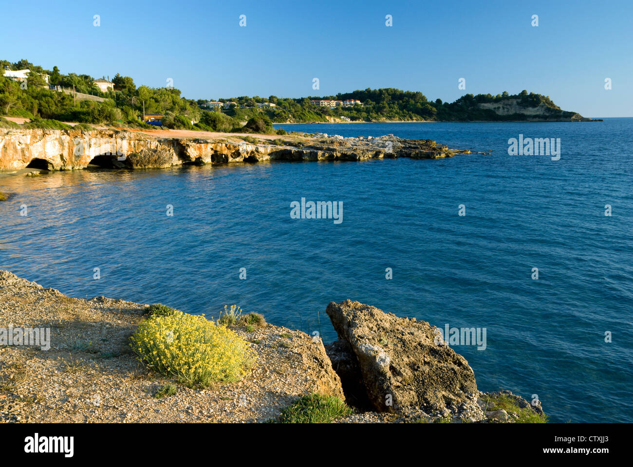 Rocky shore, Lassi, Argostoli, Kefalonia, Ionian Islands, Greece. Stock Photo