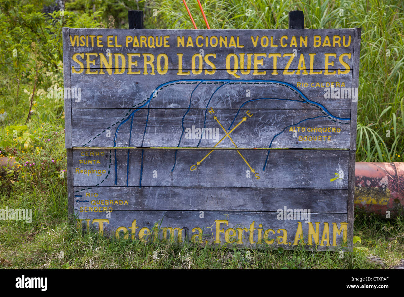 Wooden map of Sendero Los Quetzales trail (Bajo Mano trail) near Volcan Baru National Park outside of Boquete, Chiriqui Province, Panama. Stock Photo