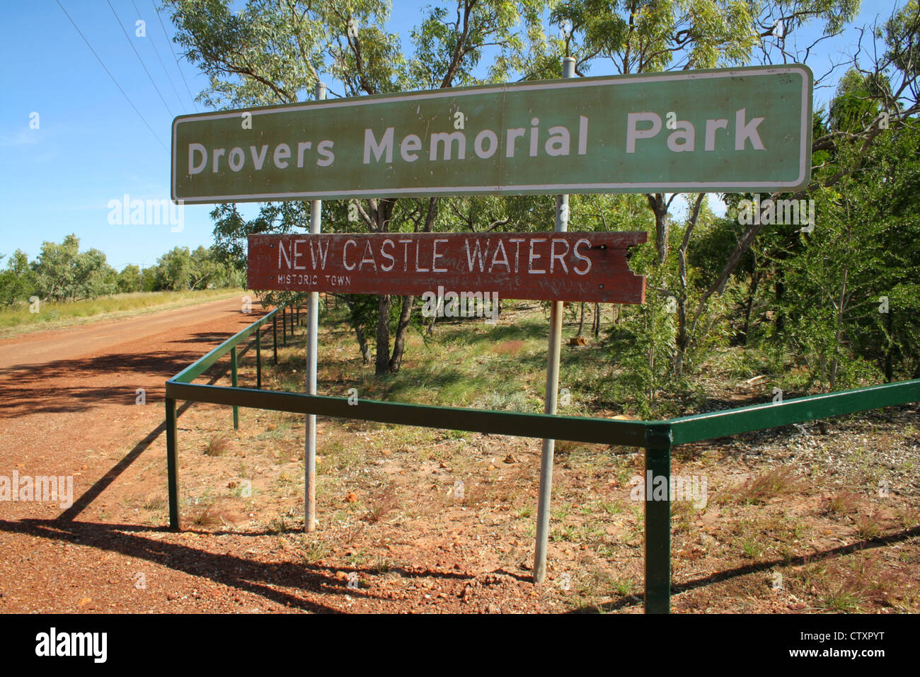 Drover Memorial Park, New Castle Waters sign. Australia Stock Photo