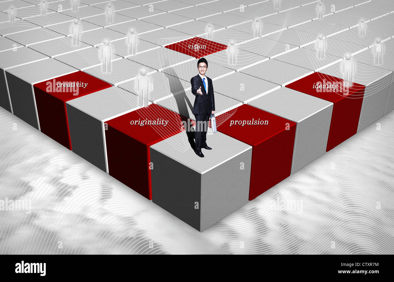 A businessman standing on corporate philosophy board Stock Photo Alamy