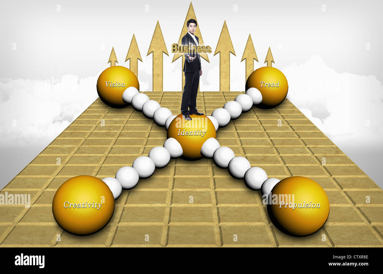 A businessman standing on corporate philosophy structure Stock Photo