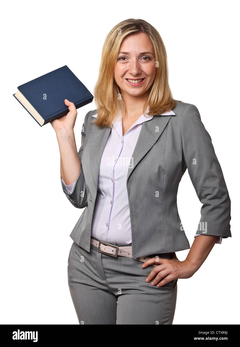 smiling woman with book on white background Stock Photo - Alamy