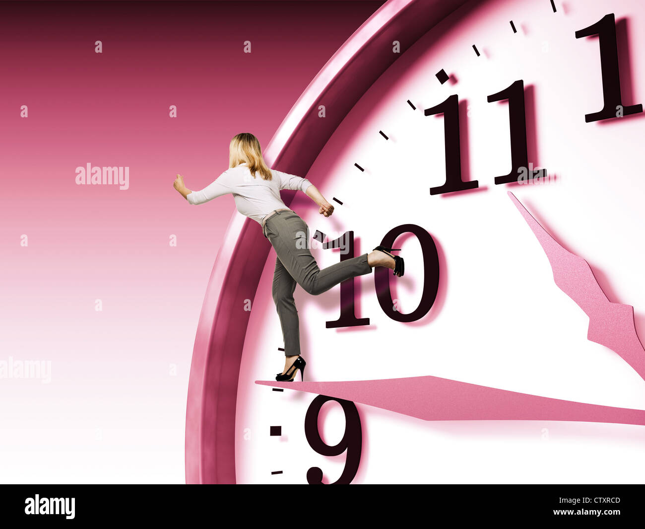 blonde woman run on pink 3d clock Stock Photo - Alamy