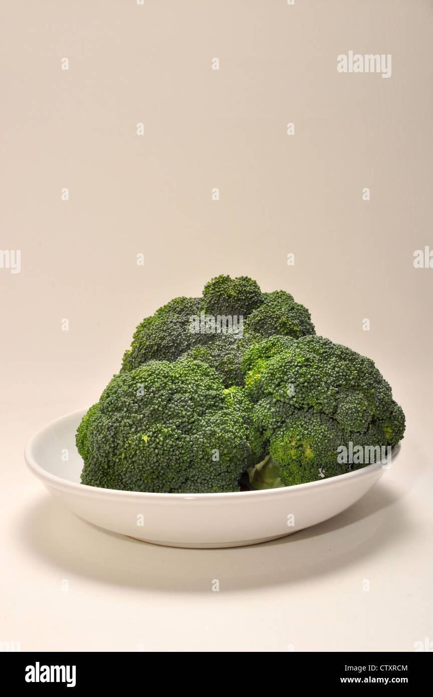Raw broccoli stalks lay in a plain bowl on a white background Stock