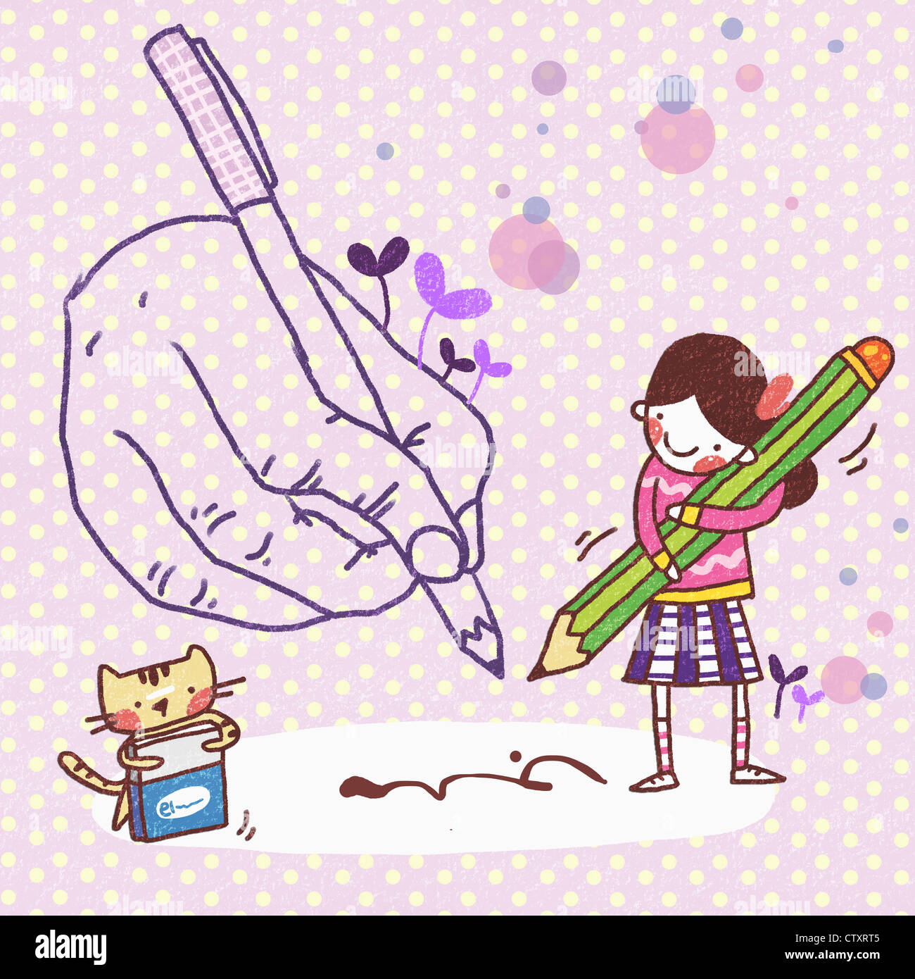 A hand and girl writing with pen and pencil Stock Photo - Alamy