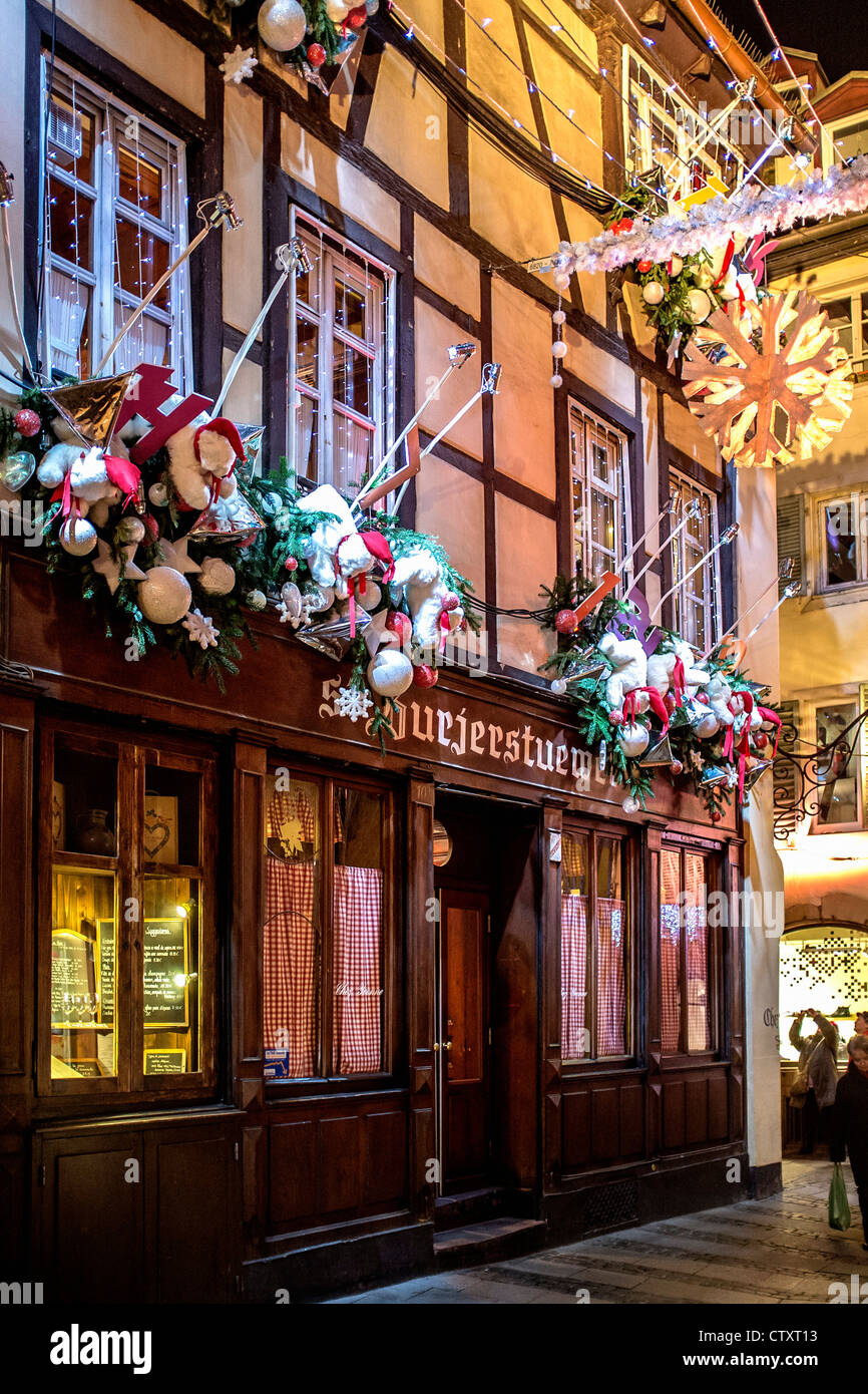 Wine bar with Christmas decoration, empty street, nobody, Strasbourg, Alsace, France, Europe Stock Photo