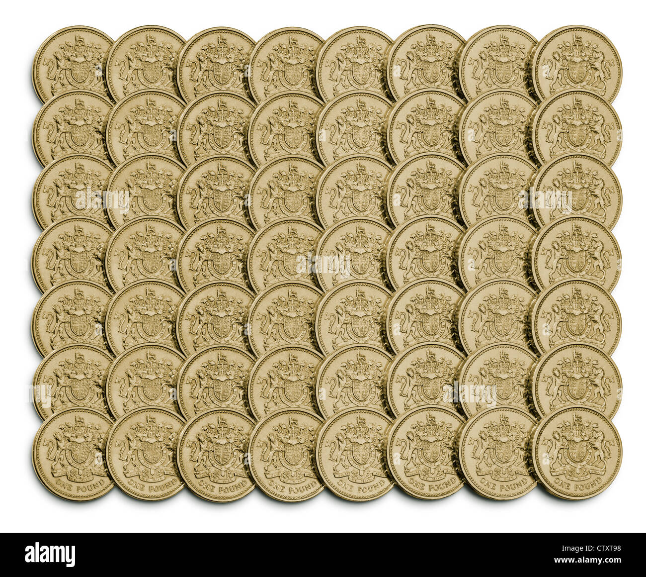 Regimented arrangement of old British Pound coins. Stock Photo