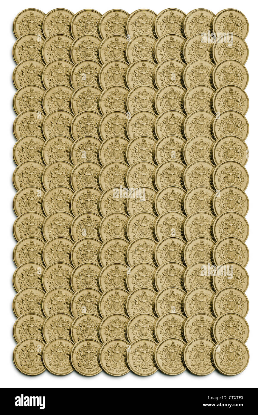 Regimented arrangement of old British Pound coins. Stock Photo