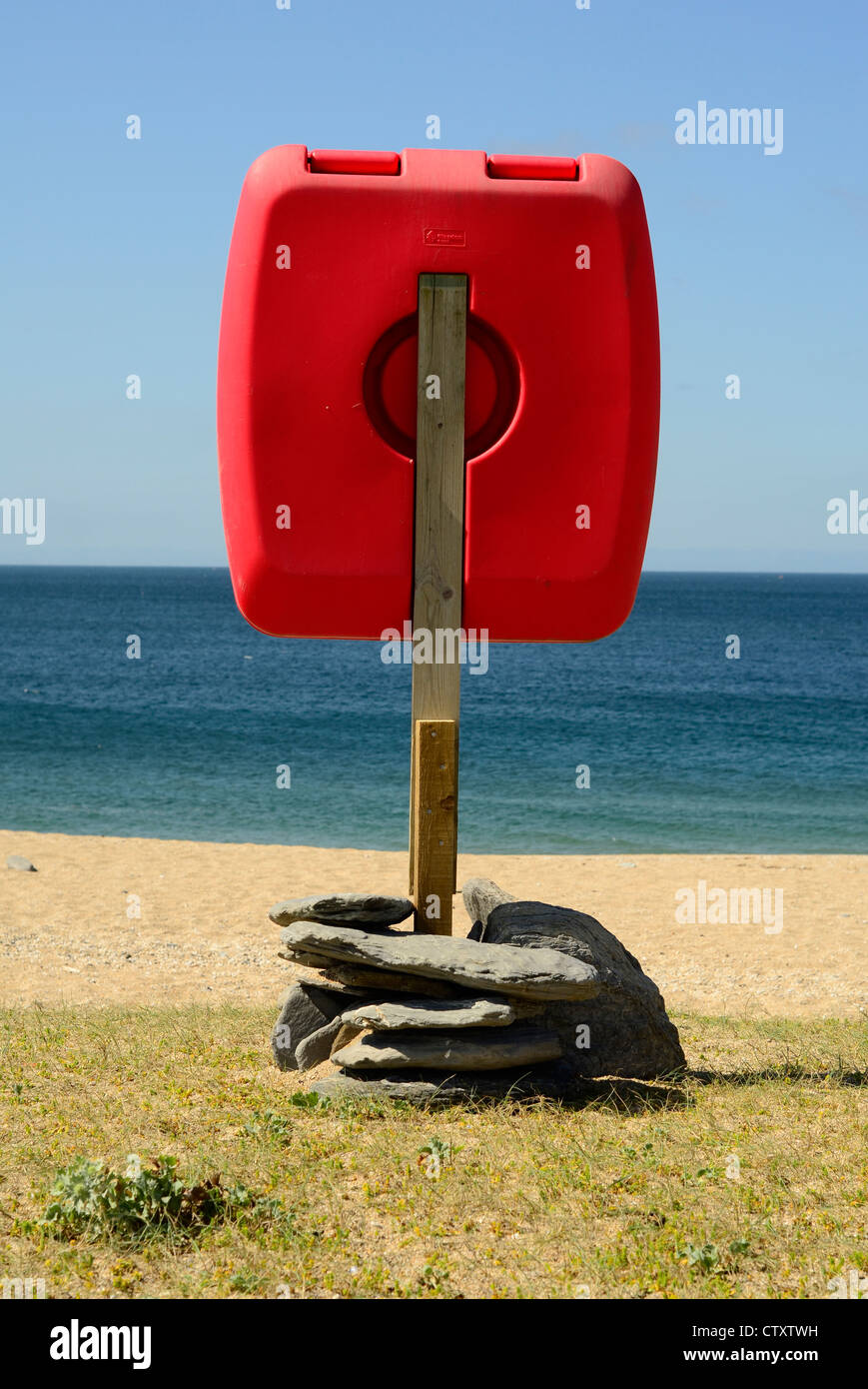 Life saving post on Loe bar beach Cornwall UK Stock Photo