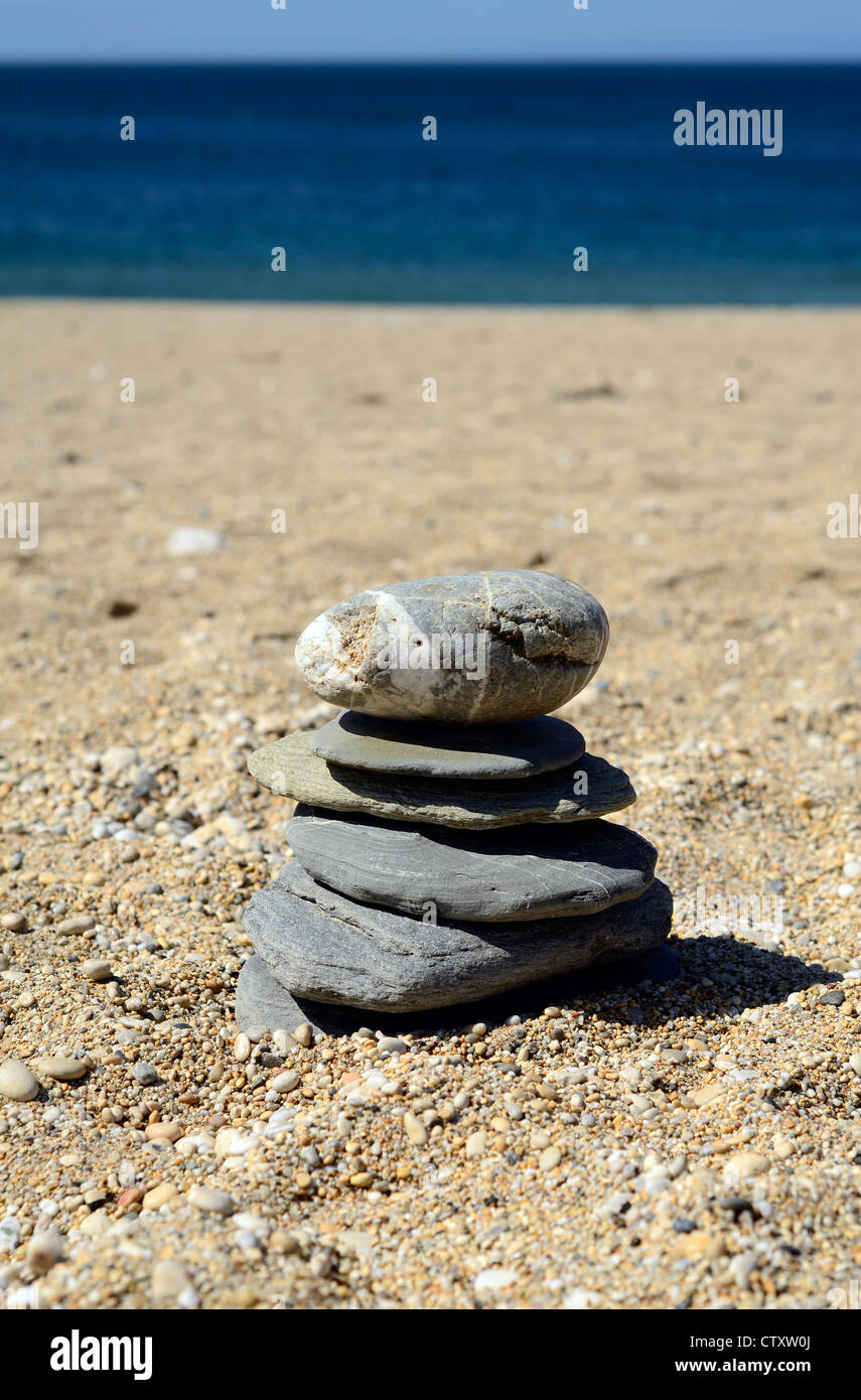 pebble sculpture on shingle beach Loe bar Cornwall Stock Photo