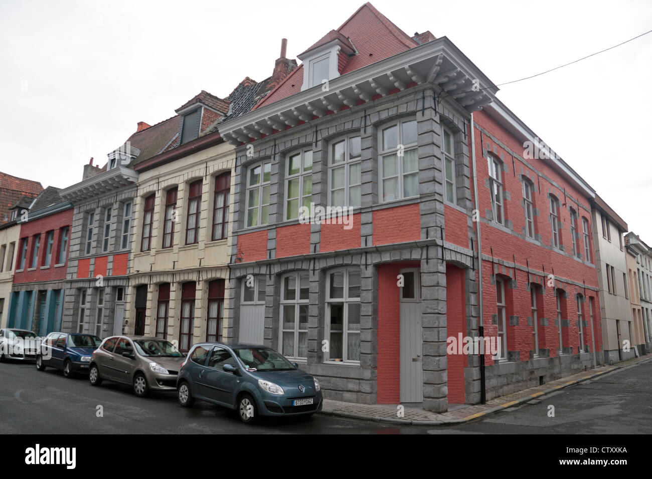 Brightly coloured residential properties (from 17th,18th & 19th century) in Tournai, Hainaut, Belgium. Stock Photo