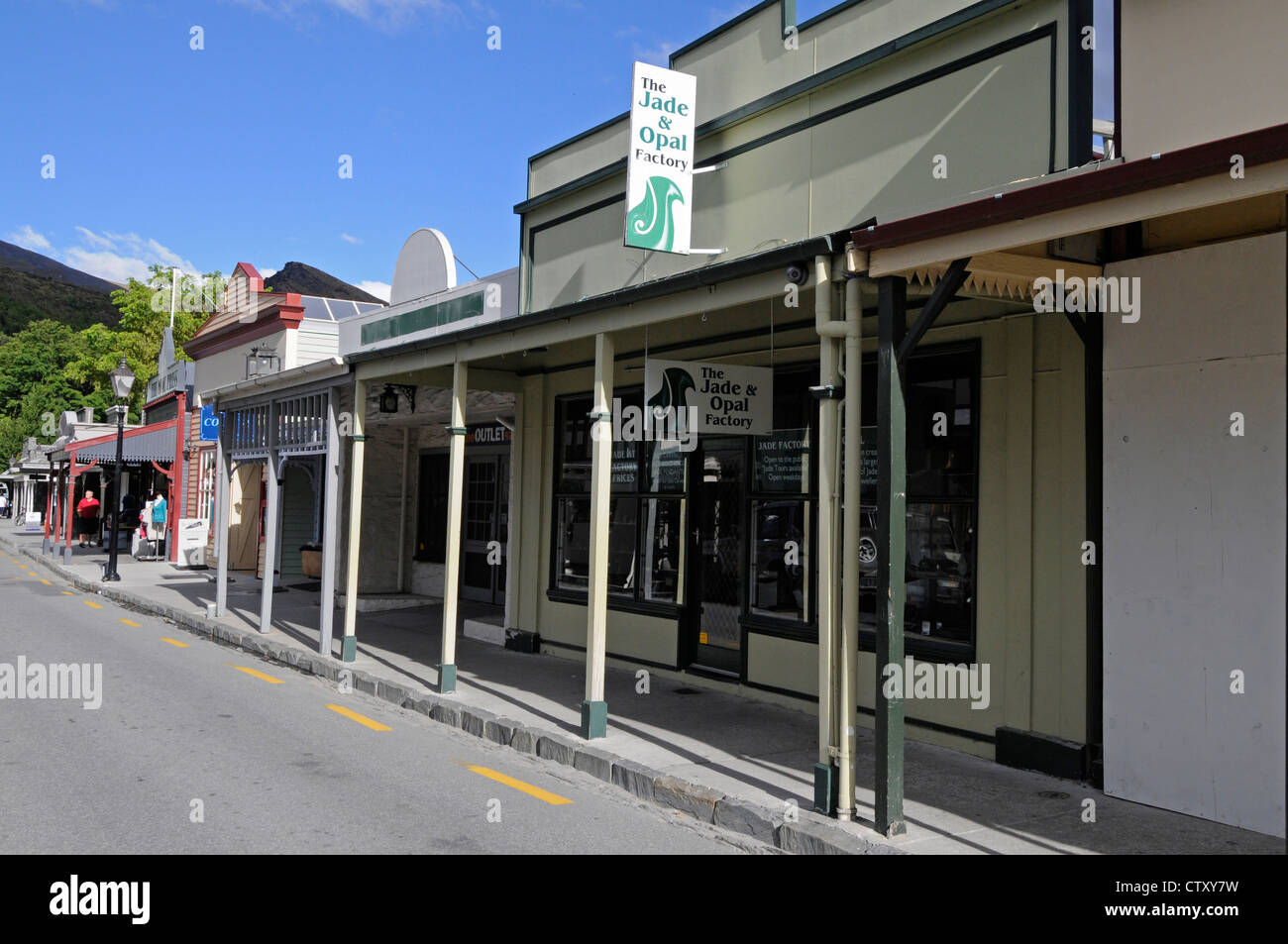 A row of wooden built shops in Buckingham Street is the historic gold mining town of Arrowtown in Otago, New Zealand. Arrowtown was named after the Stock Photo