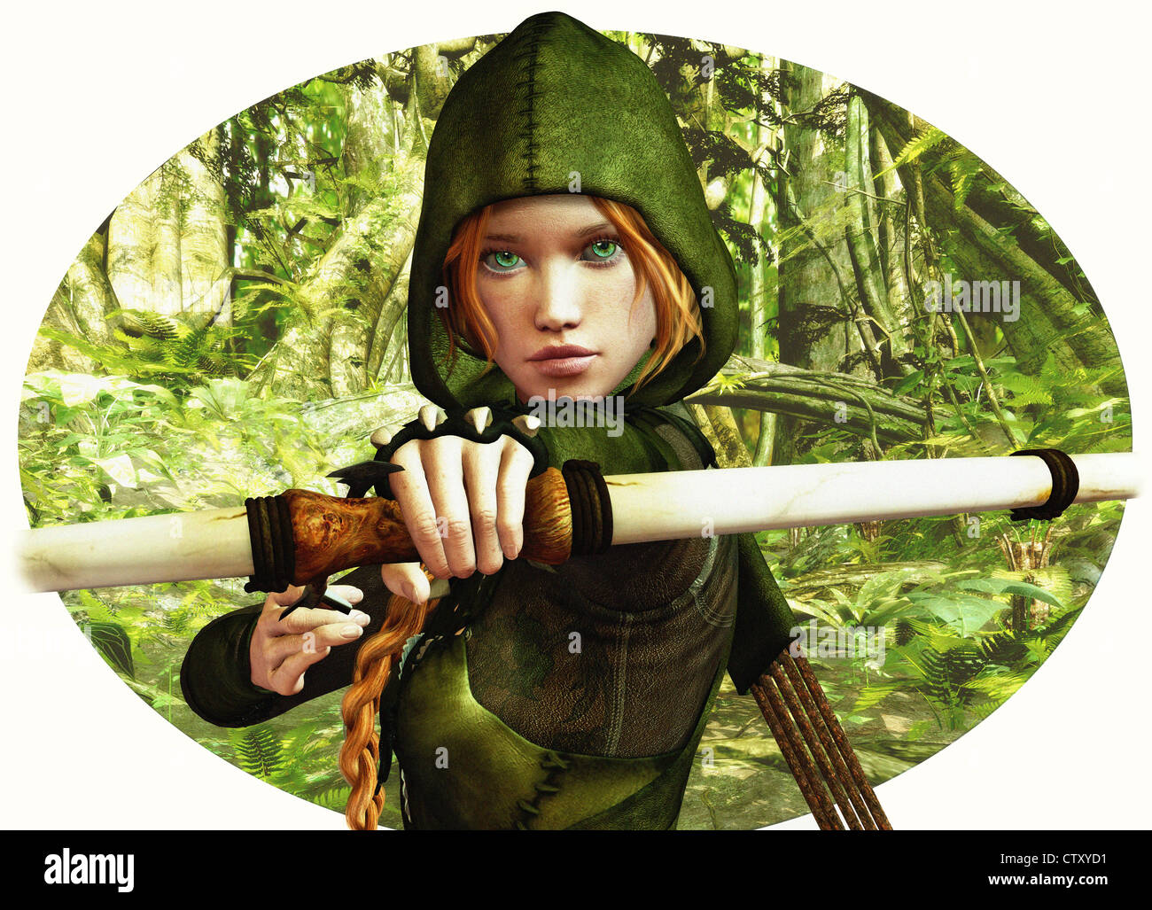 an archer girl in Robin Hood clothing Stock Photo