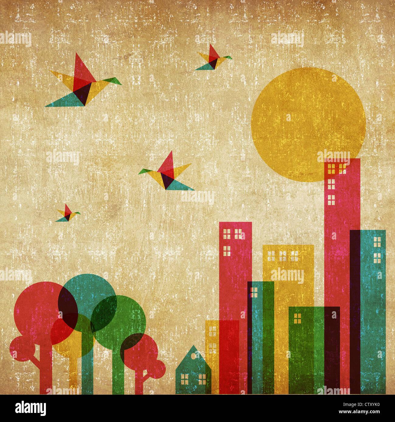 Vintage spring time in the city background. Colorful humming birds flying over the forest and city.  Stock Photo