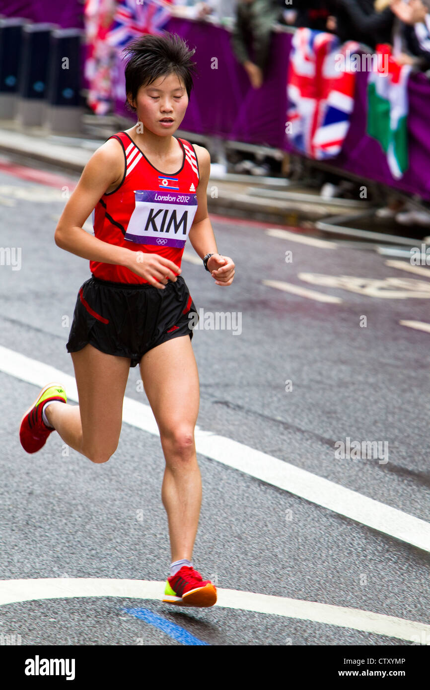 Mi-Gyong Kim of North Korea, in women's Olympic Marathon, London, UK. Finished 74th in time of 2:38:33. Stock Photo