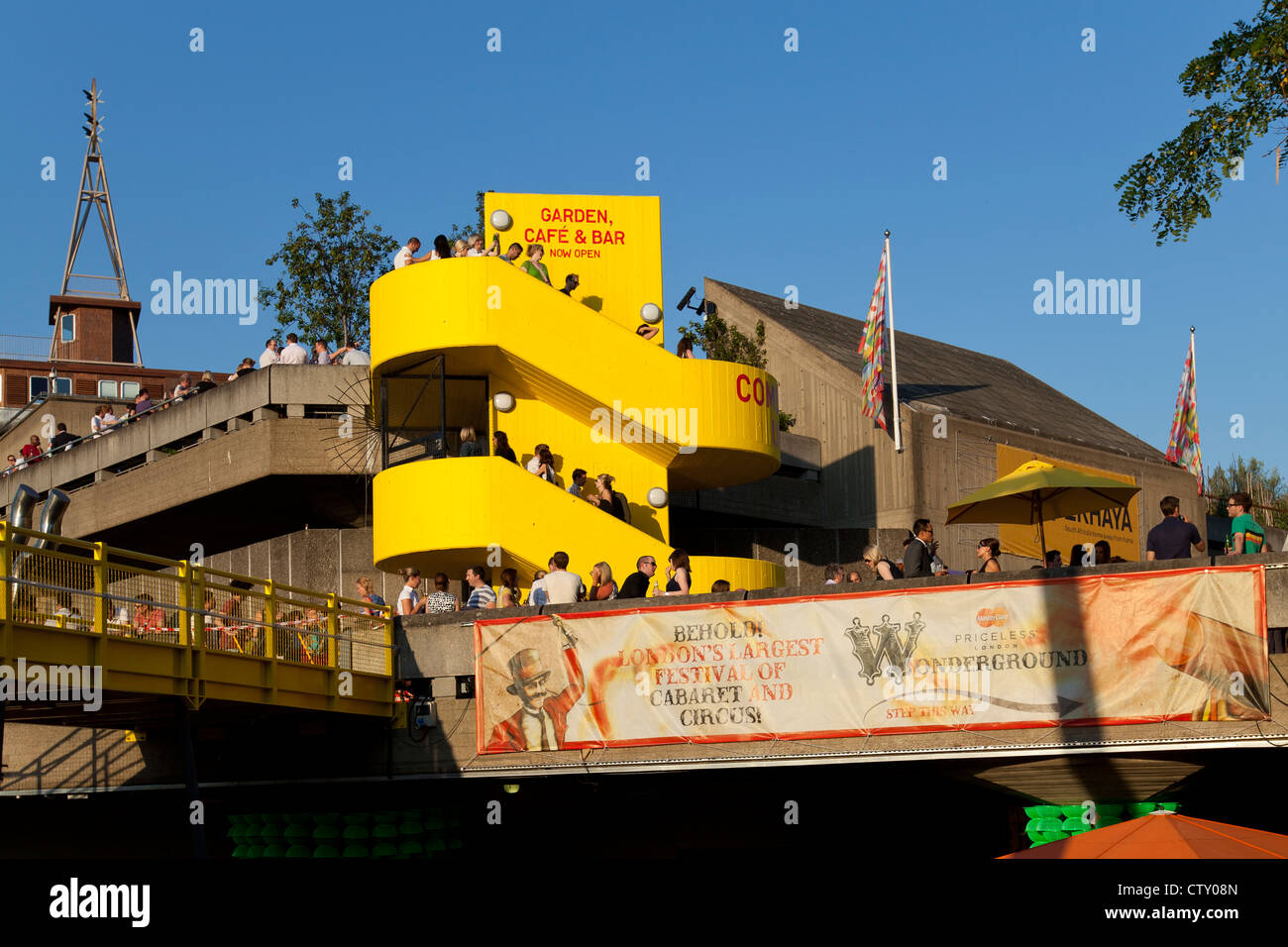 Yellow staircase to a roof garden on top of Queen Elizabeth Hall, Southbank, London. Stock Photo