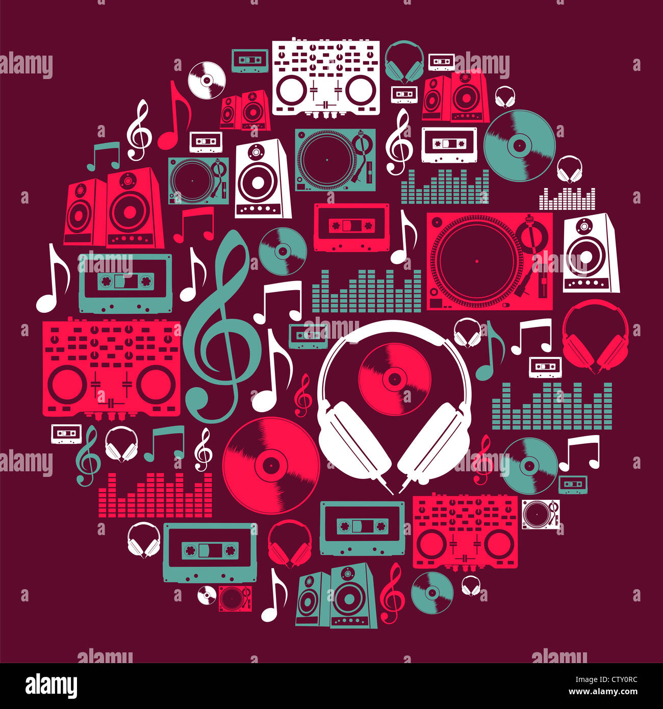Dj music icon set in circle shape. Vector file layered for easy manipulation and custom coloring. Stock Photo