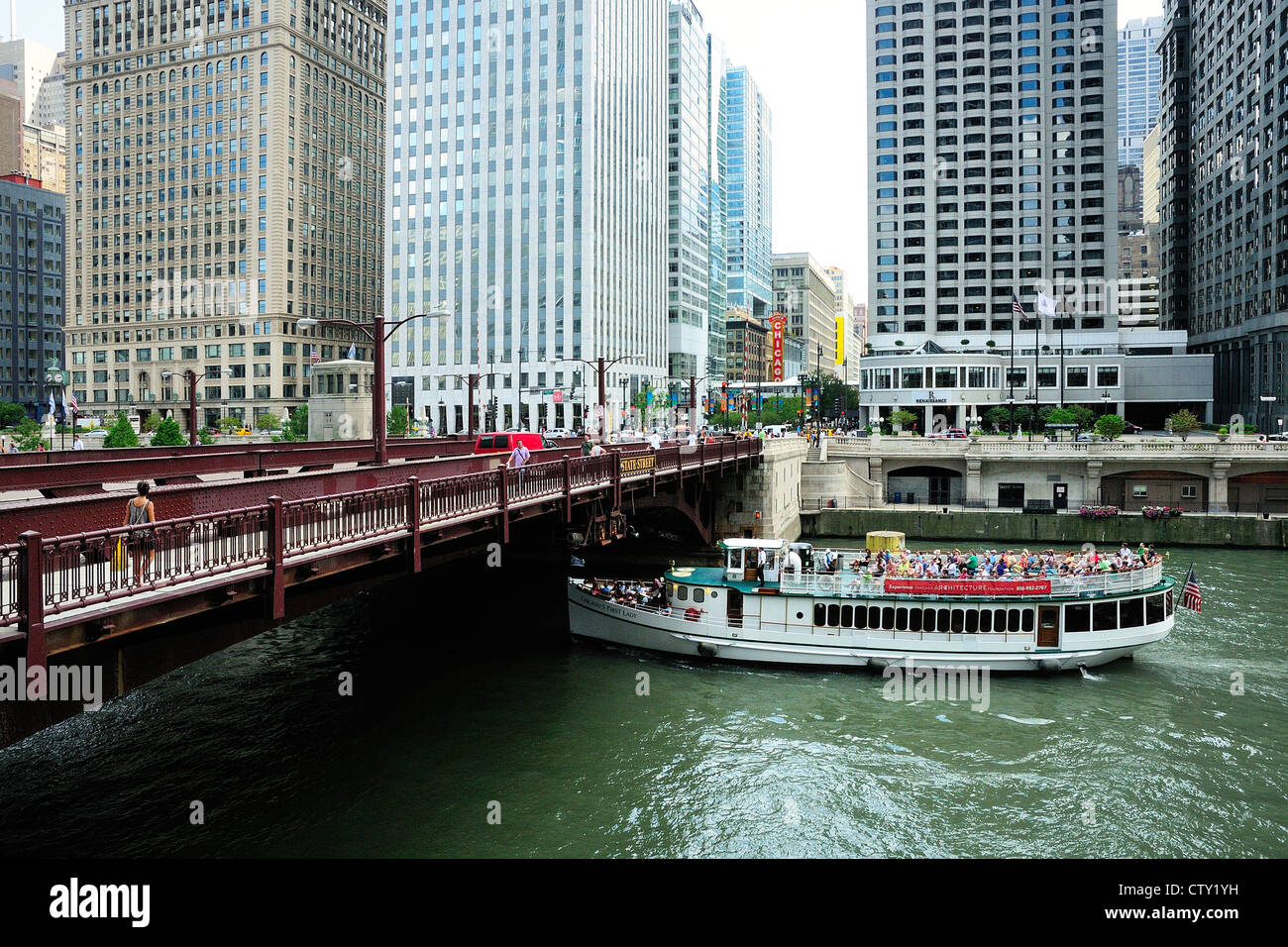 Chicago Architectural tour boat loaded with tourists cruising the Chicago River. Stock Photo