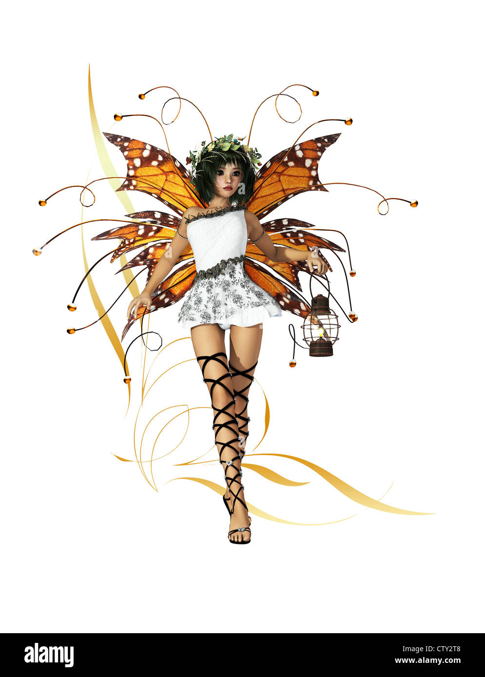 A graceful fairy with wings, wreath and lantern Stock Photo