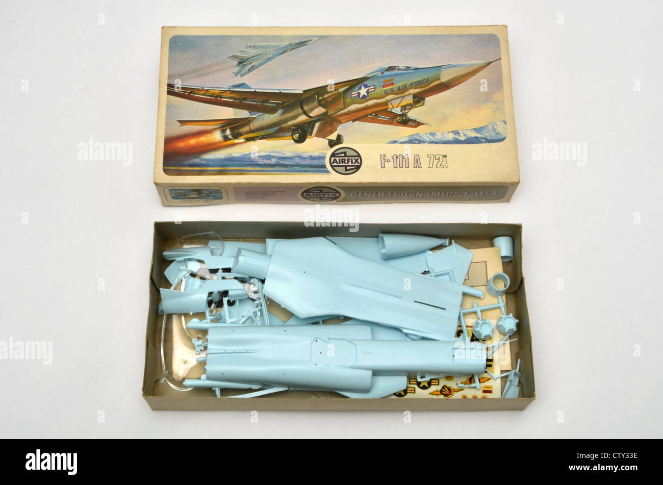 Airfix 1/72 scale F-111A plastic model construction kit showing parts in box Stock Photo