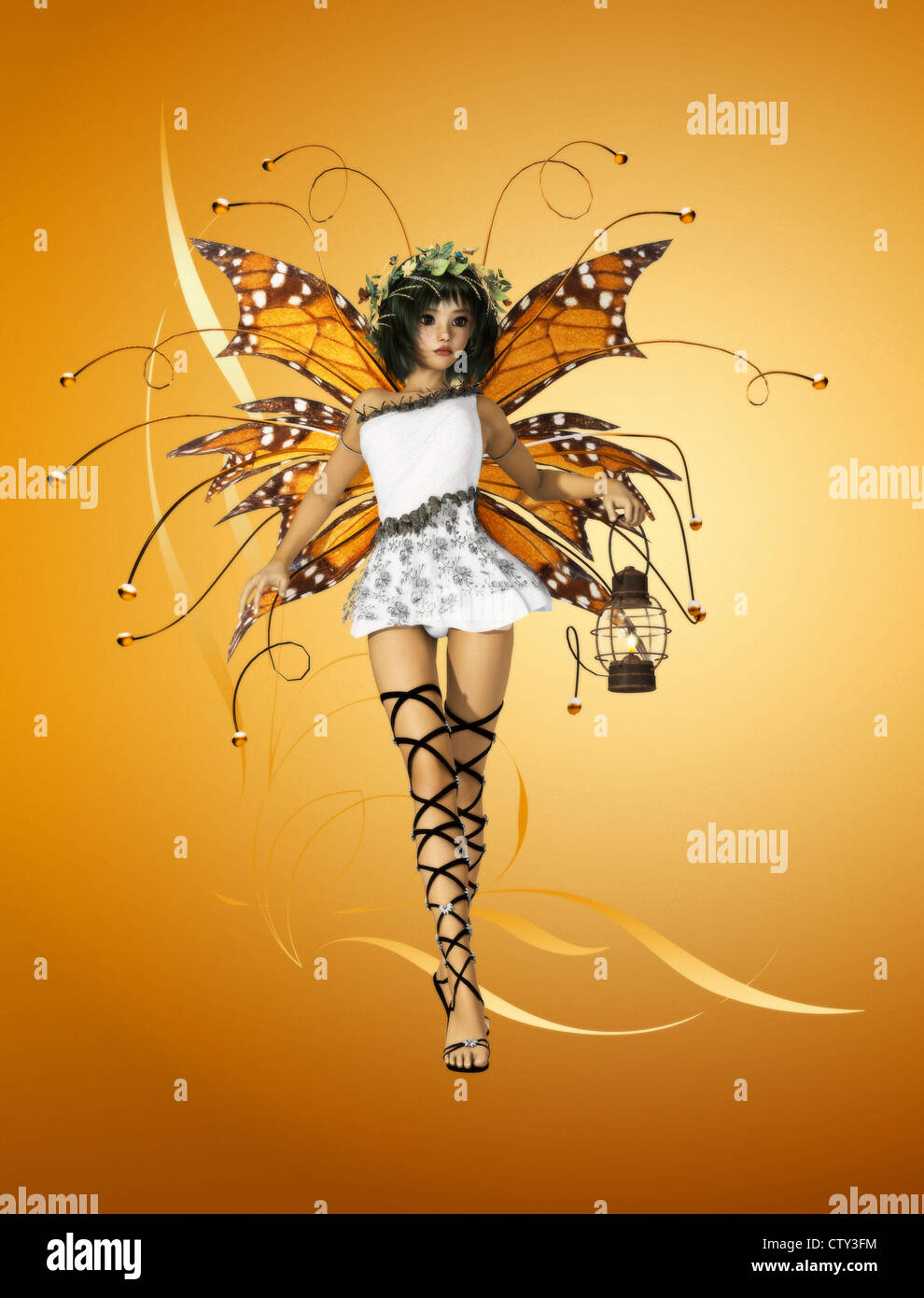 A graceful fairy with wings, wreath and lantern Stock Photo