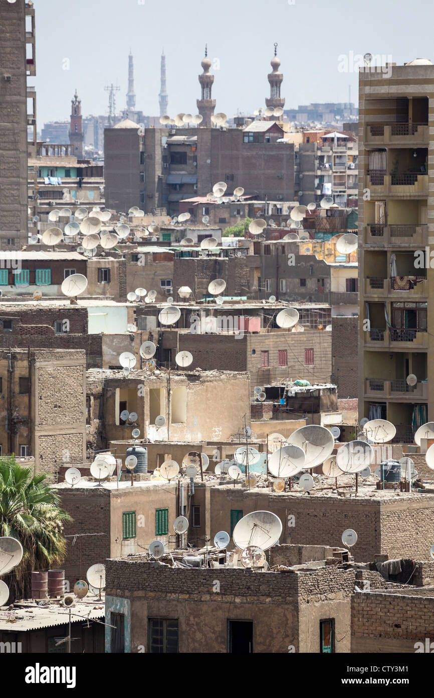 view of roofs of housing with satellite dishes in the old city of Cairo, Egypt Stock Photo