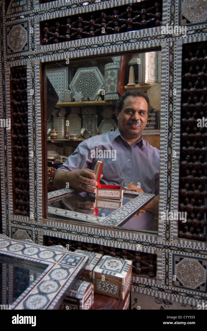 Artisan Nabil El Tablawy with his products in mother of pearl, Khan Al Khalili Bazaar, , Cairo, Egypt, North Africa, Africa Stock Photo