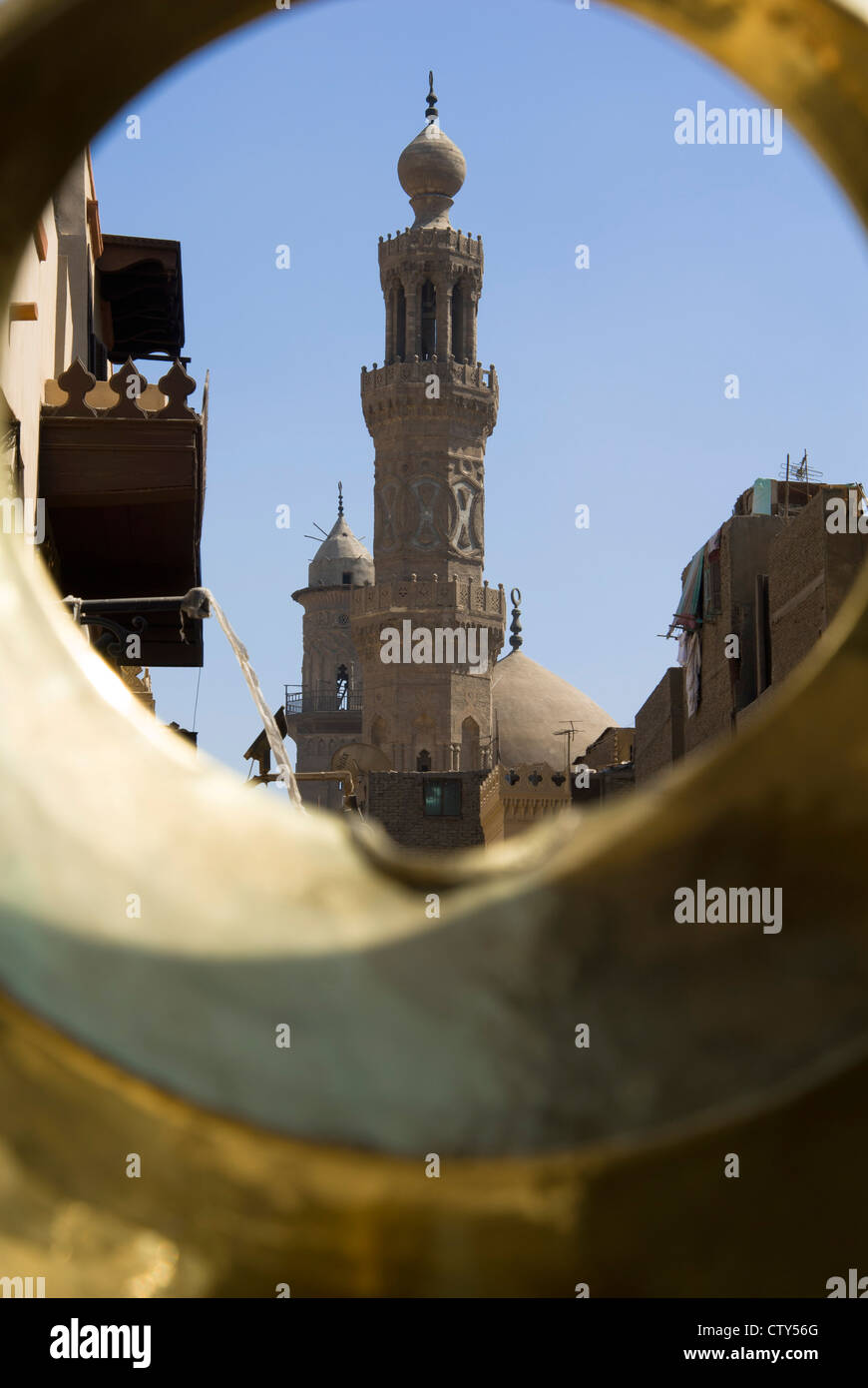Minaret of Muhammad Ibn Qalawun Mosque, and Minaret of Madrasah of Sultan Bu Nassir, Khan El Khalili, Cairo, Egypt, Africa Stock Photo