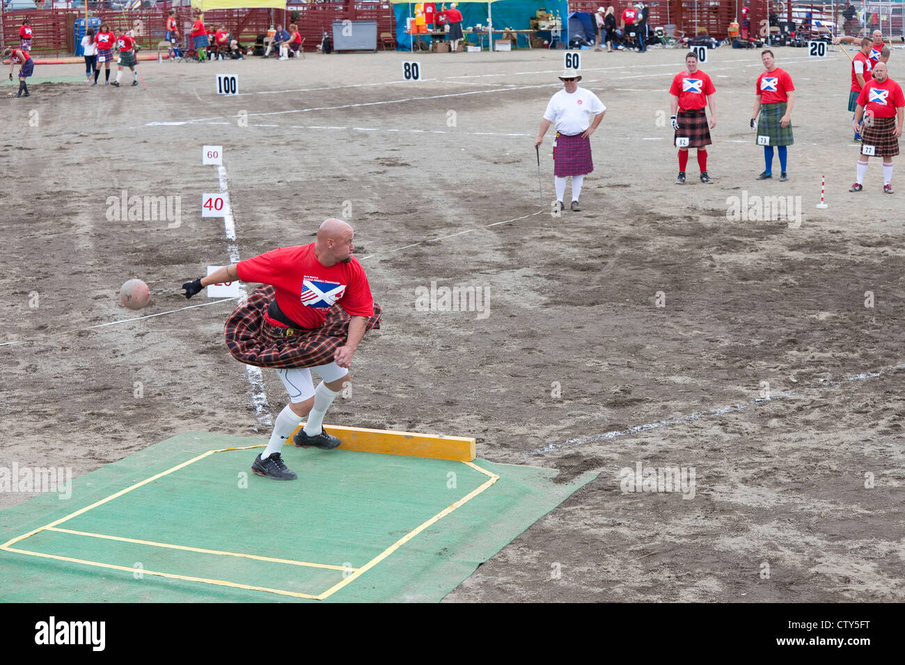 The Weight Throw Event at the 66th Annual Pacific Northwest Scottish Highland Games and Clan Gathering - Enumclaw, Washington. Stock Photo