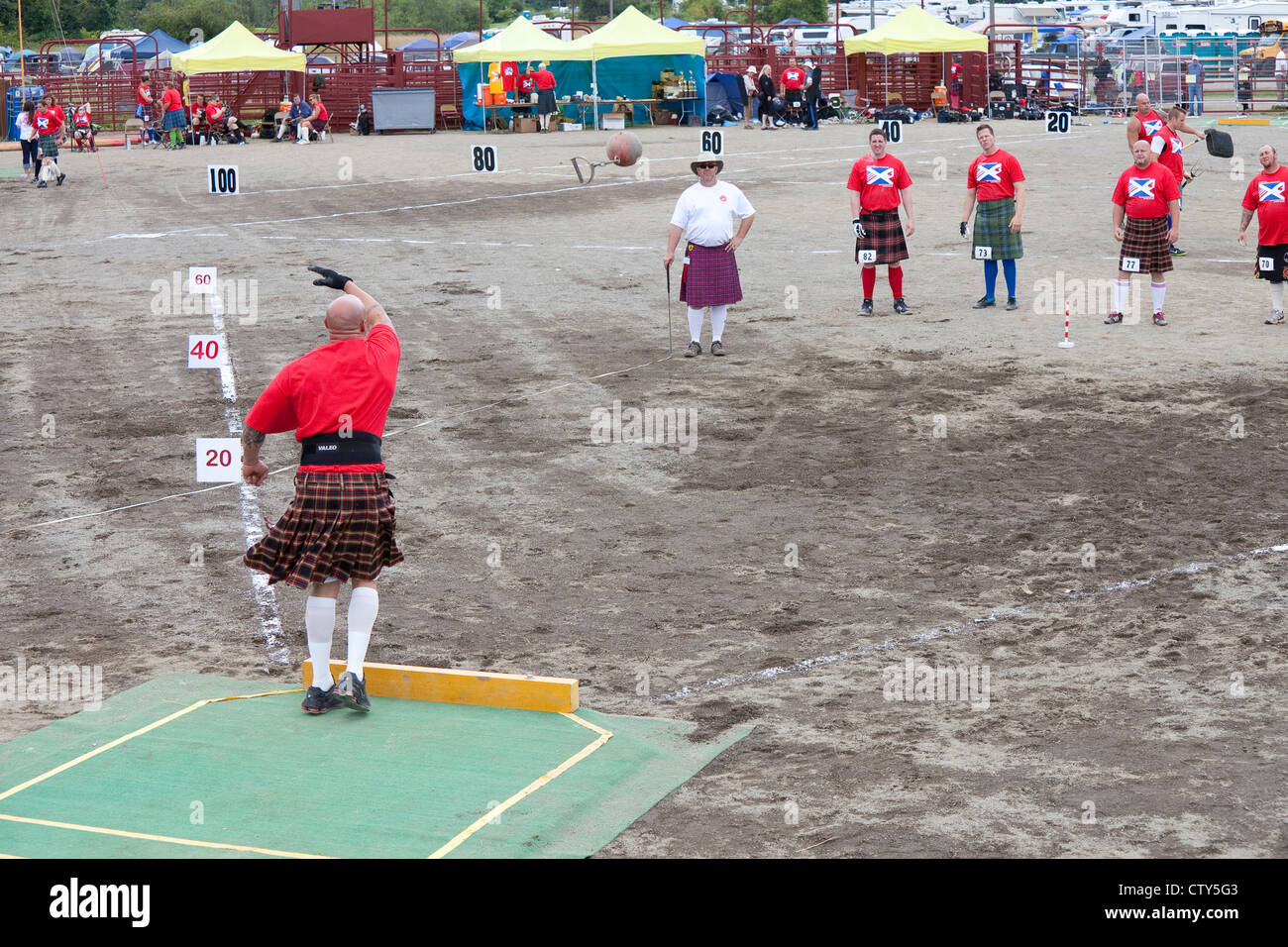 The Weight Throw Event at the 66th Annual Pacific Northwest Scottish Highland Games and Clan Gathering - Enumclaw, Washington. Stock Photo