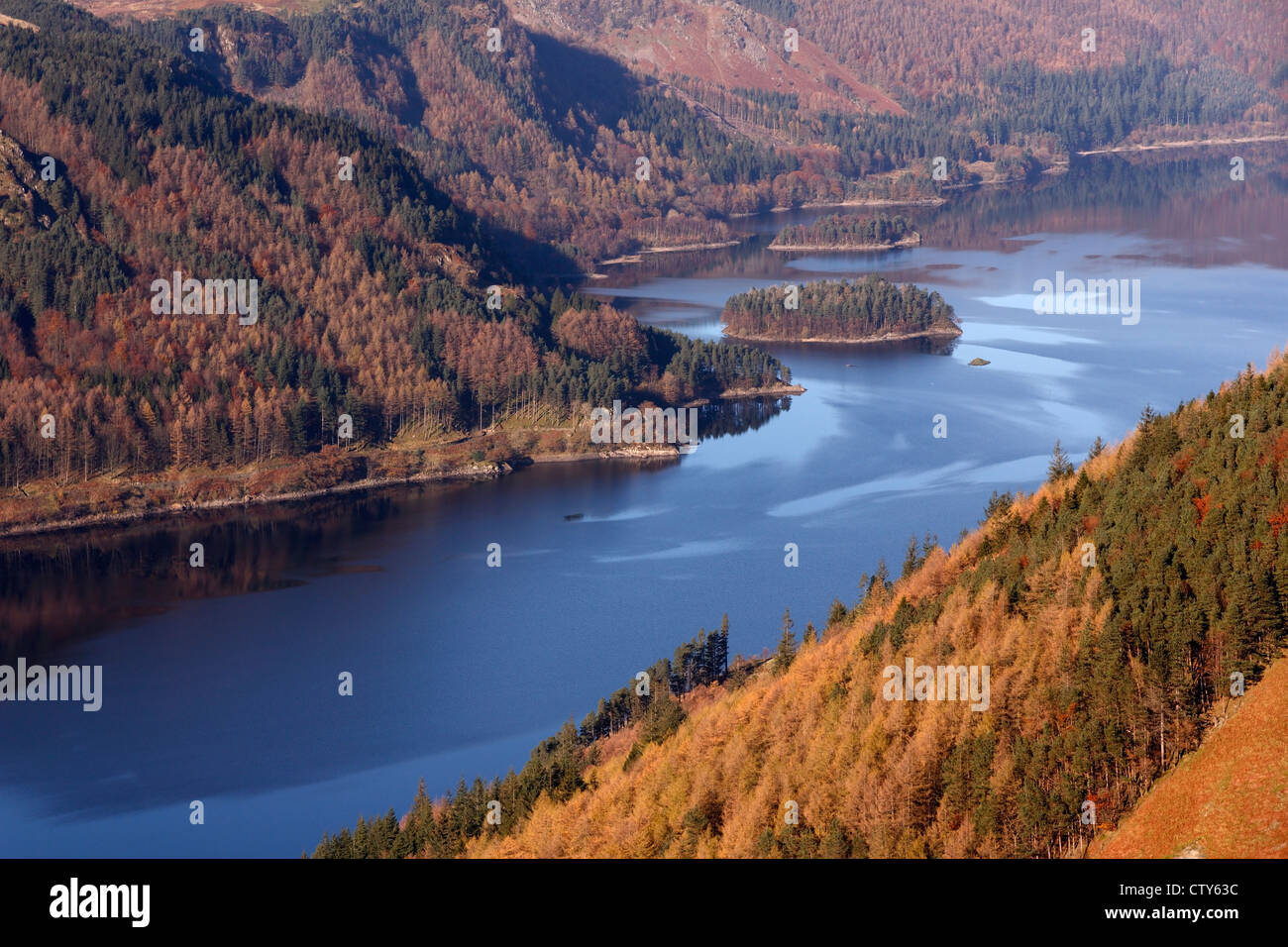 Aerial view of Thirlmere lake/reservoir and conifer plantation forests, Lake District, Cumbria, England, UK Stock Photo