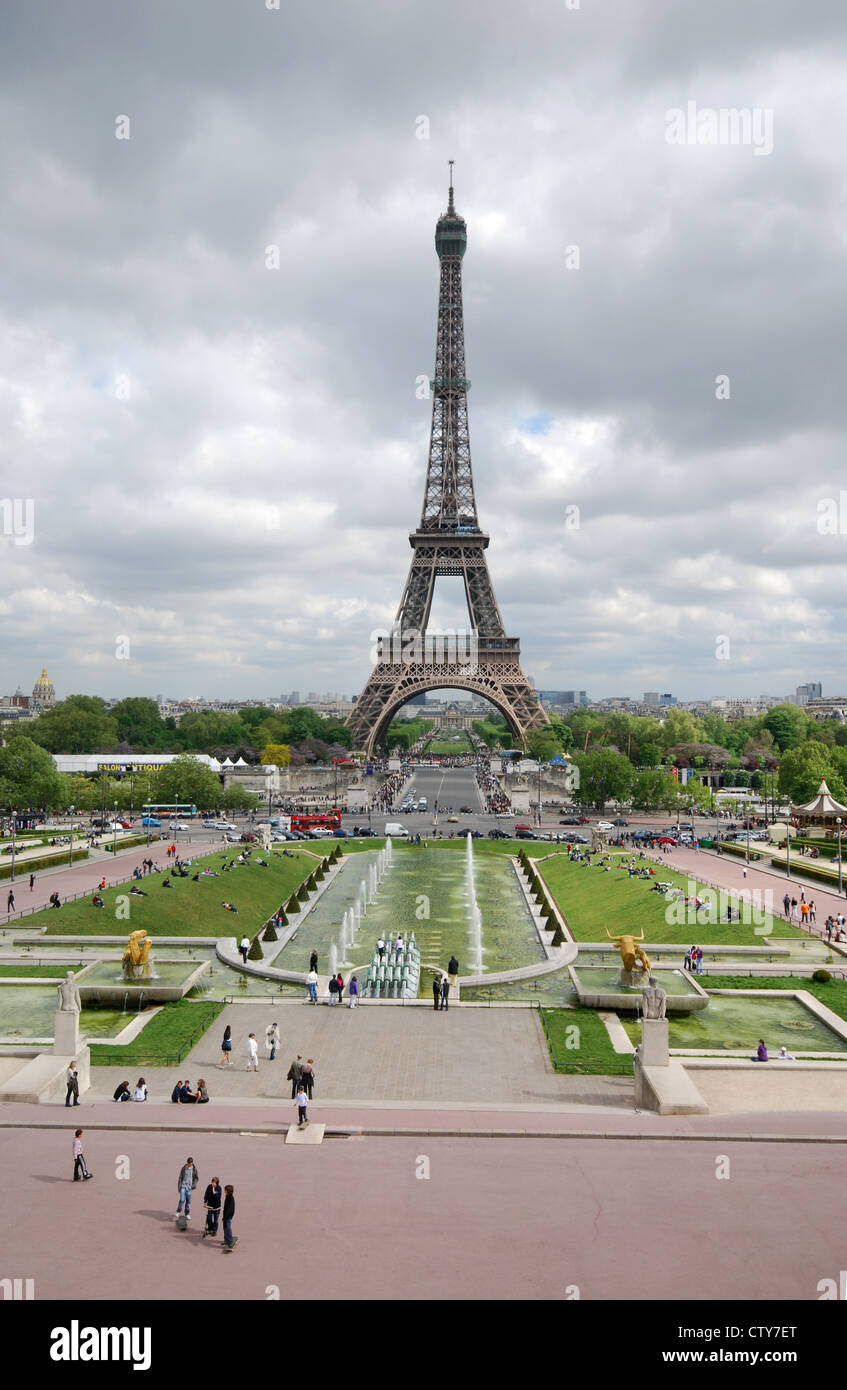 View from Palais de Chaillot and Jardins de Trocadero towards Eiffel Tower Paris France Stock Photo