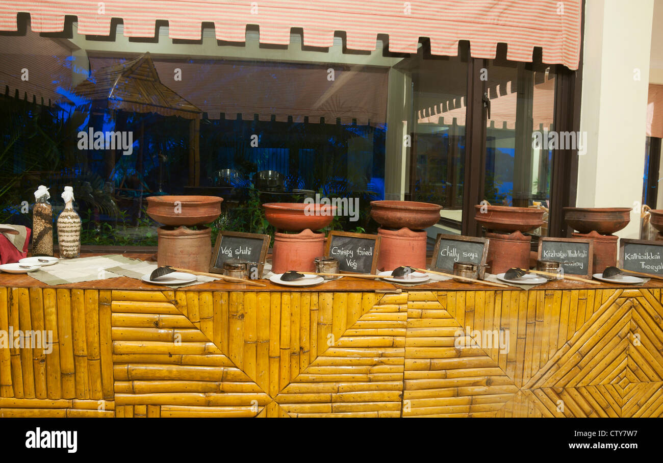 Traditional style restaurant in a hotel in Kerala, India Stock Photo
