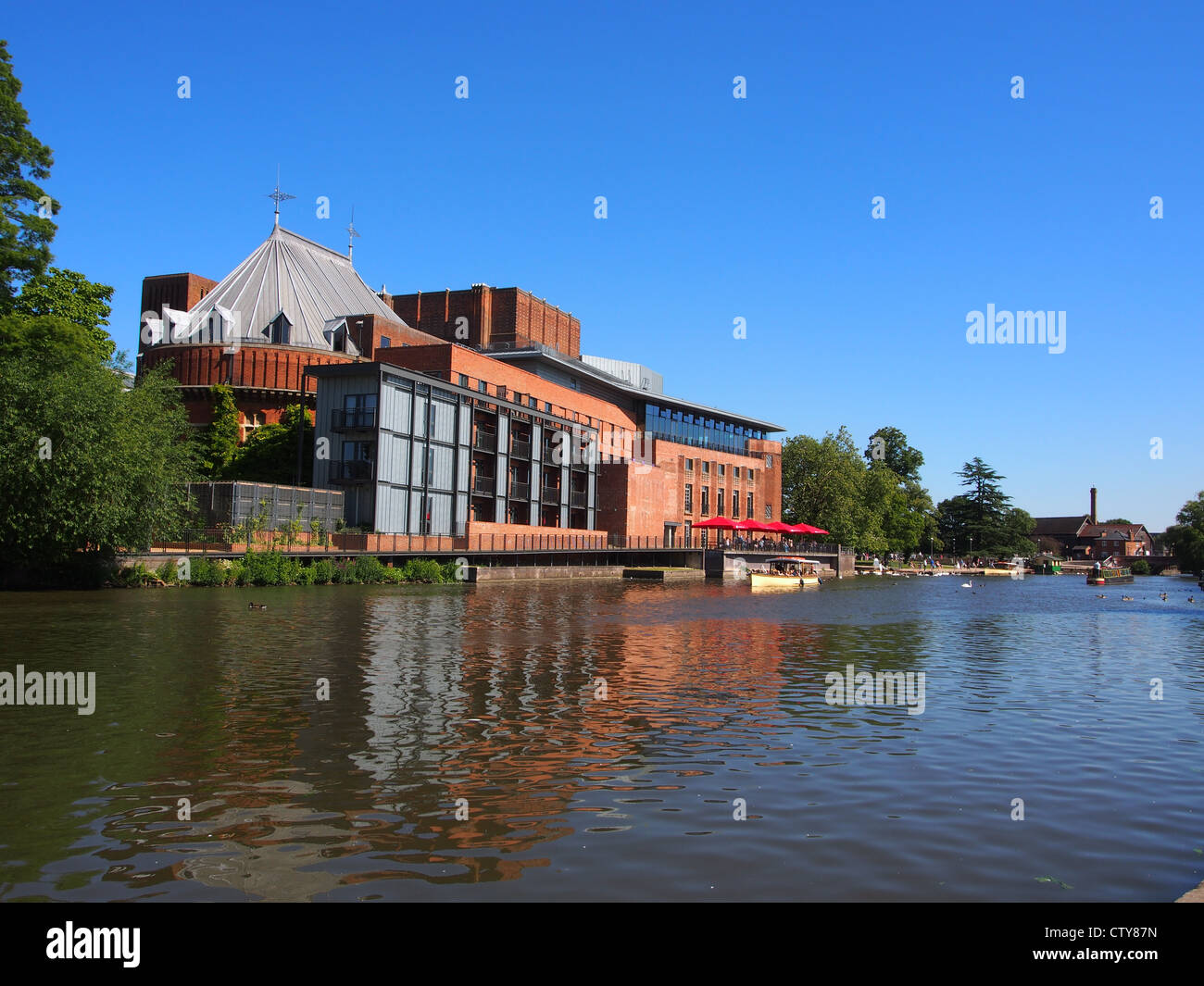 a view of the river avon in stratford on avon showing the royal shakespeare theatre Stock Photo