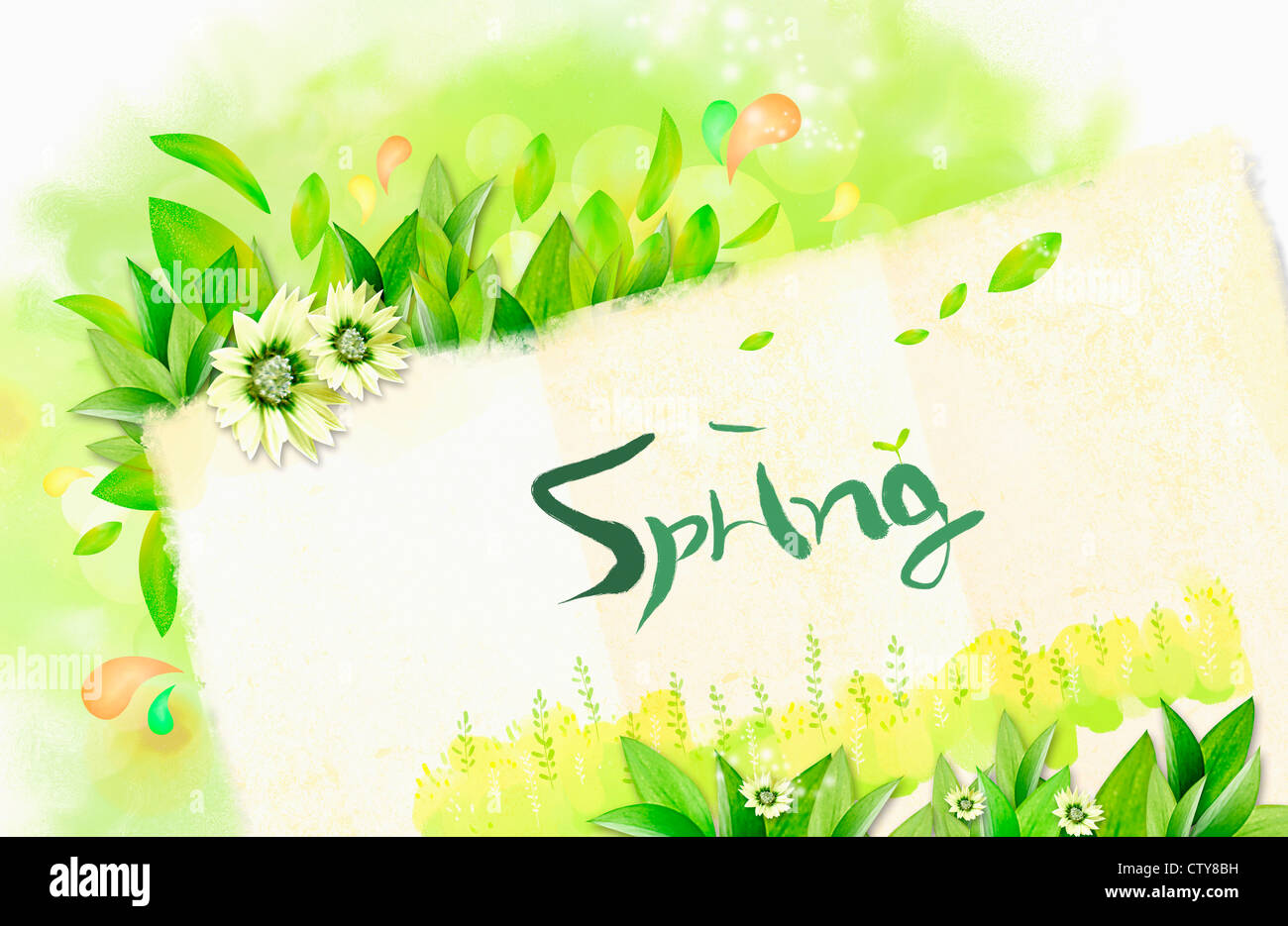 Spring note, green flowers, and green leaves Stock Photo - Alamy