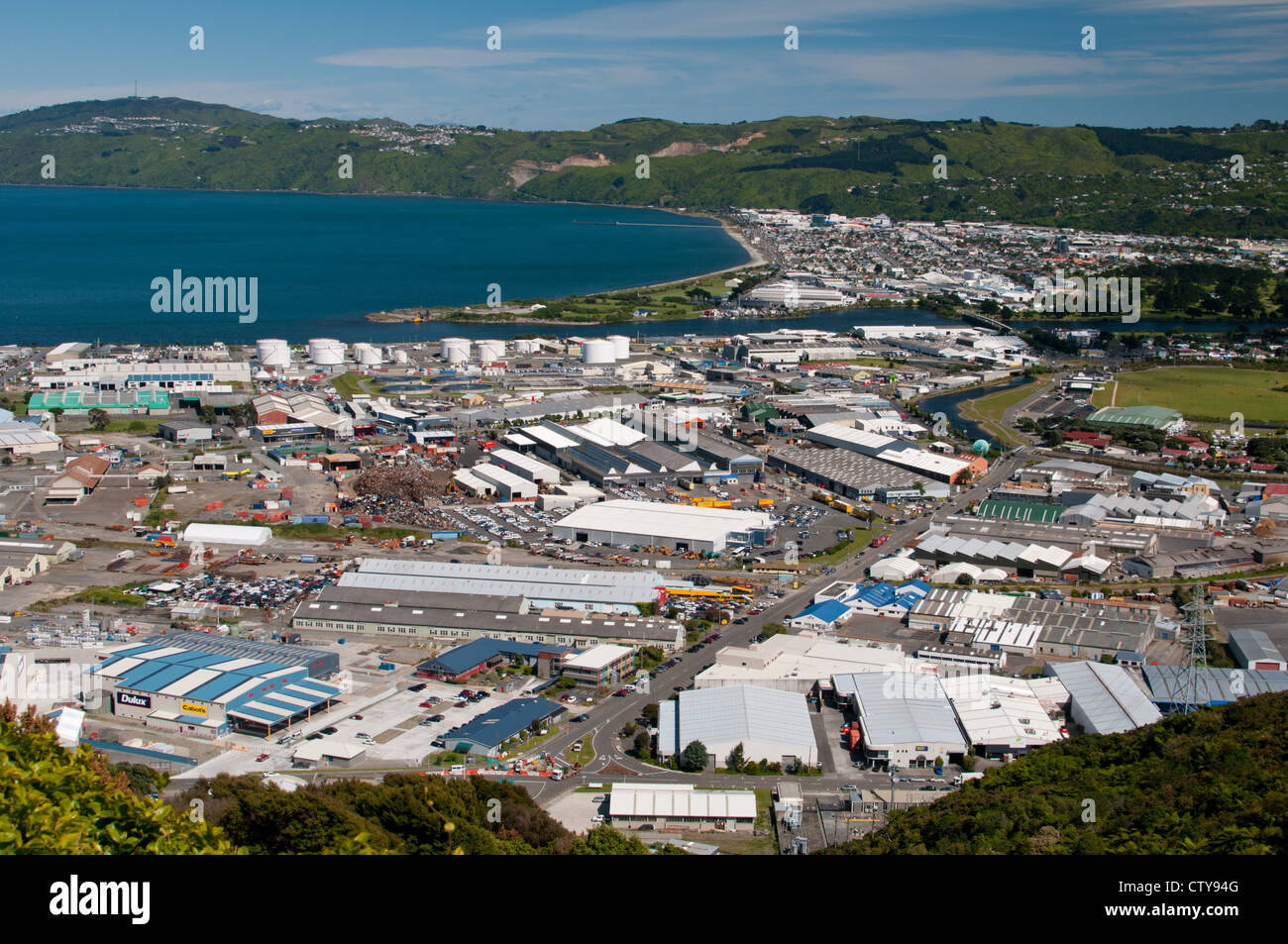 Lower Hutt industrial area and the Hutt river by the Wellington Harbour, New Zealand Stock Photo
