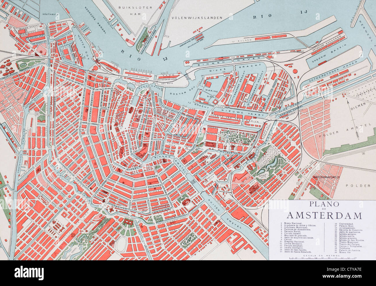 Plan of Amsterdam, Holland, at the turn of the 20th century. Map is edited in Spanish language. Stock Photo
